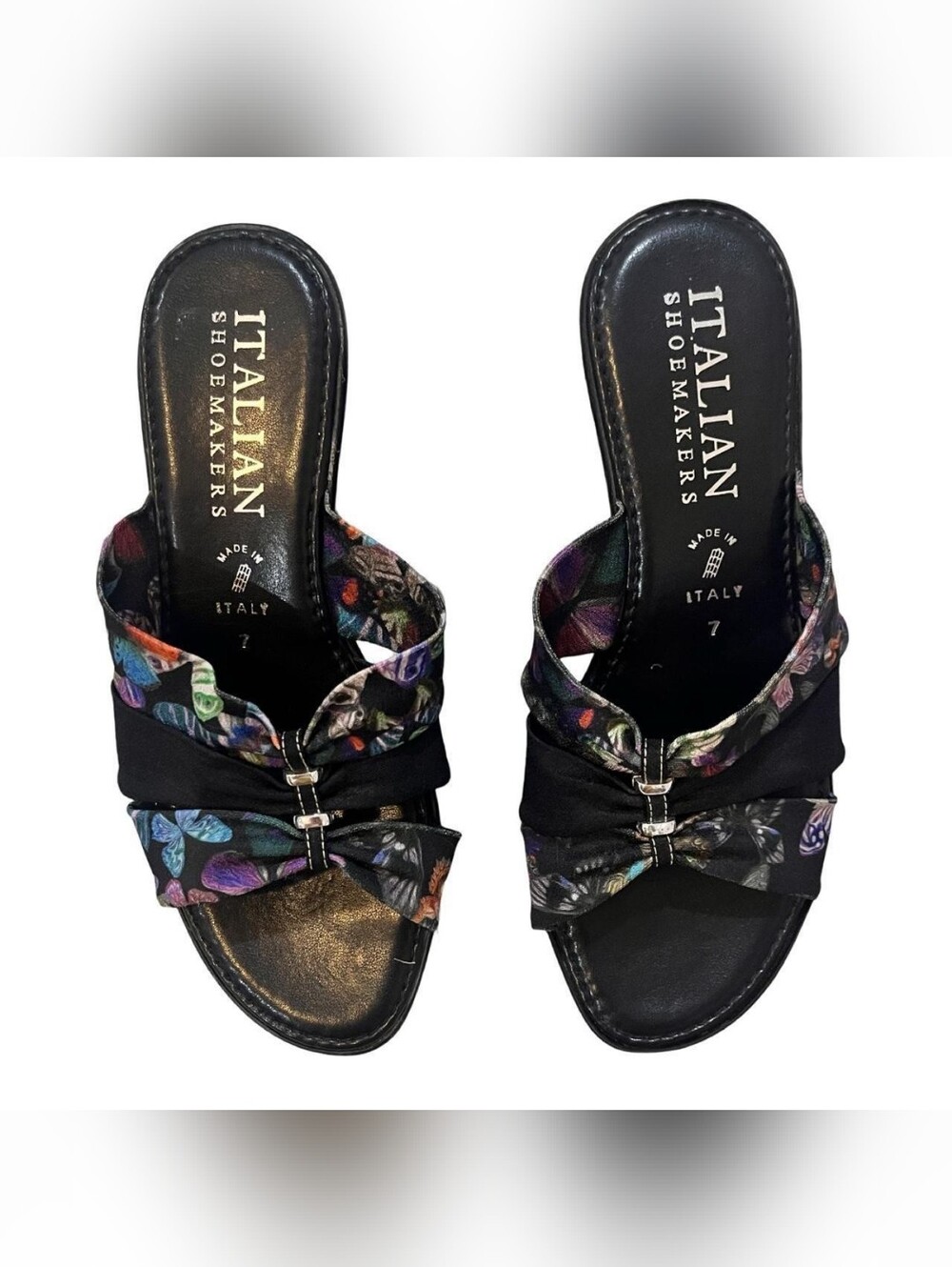 Italian Shoemakers Black Slide Sandals with Multicolor Butterfly Print